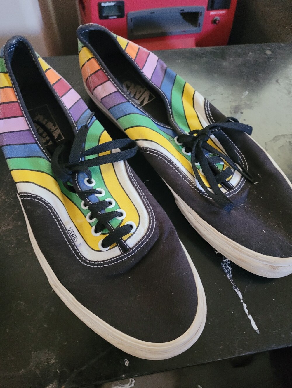 Size 12 Vans Men's Black Canvas Low-Top Sneakers with Rainbow Stripes